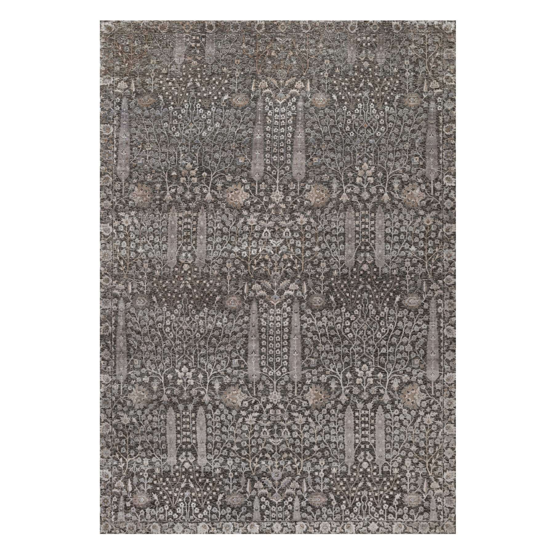9'9"x14'2" Chocolate Brown, Willow and Cypress Tree Design, Denser Weave, Textured Wool and Silk, Hand Knotted, Oriental Rug 